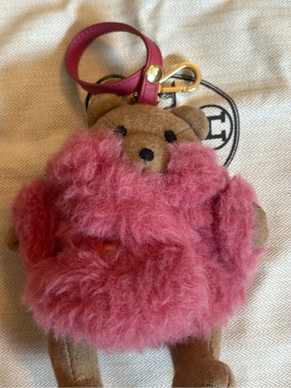 MaxMara Brown Bear Bag Charm with Pink Wool Fur Coat and Gold Hardware